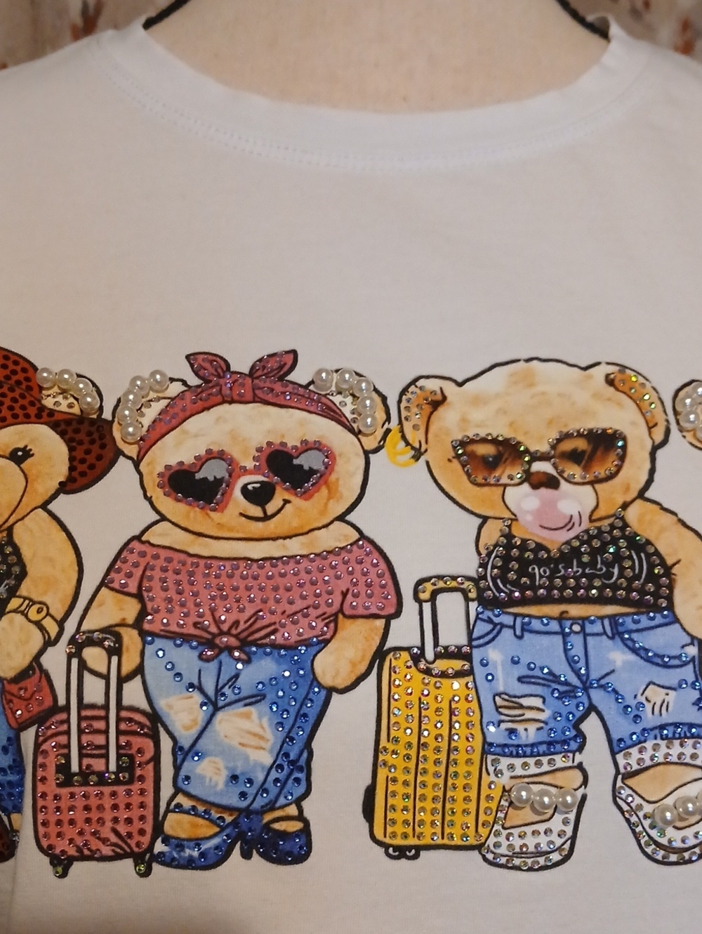 Embellished Teddy Bear Graphic Tee - White with Pink, Blue & Yellow Accents